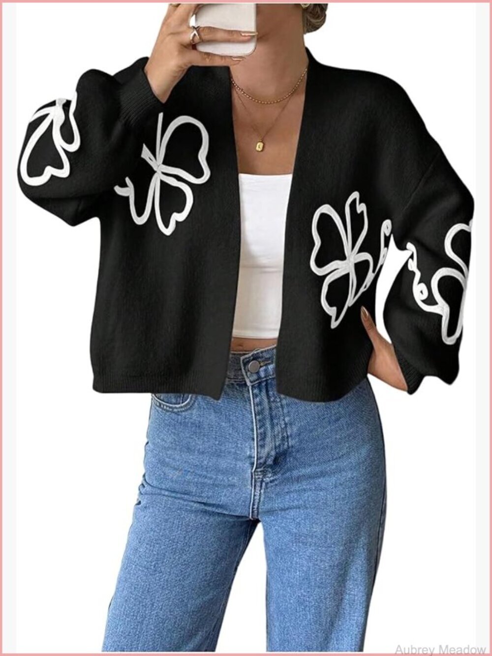 Floral Cropped Cardigan Sweater Open Front Long Sleeve Knit